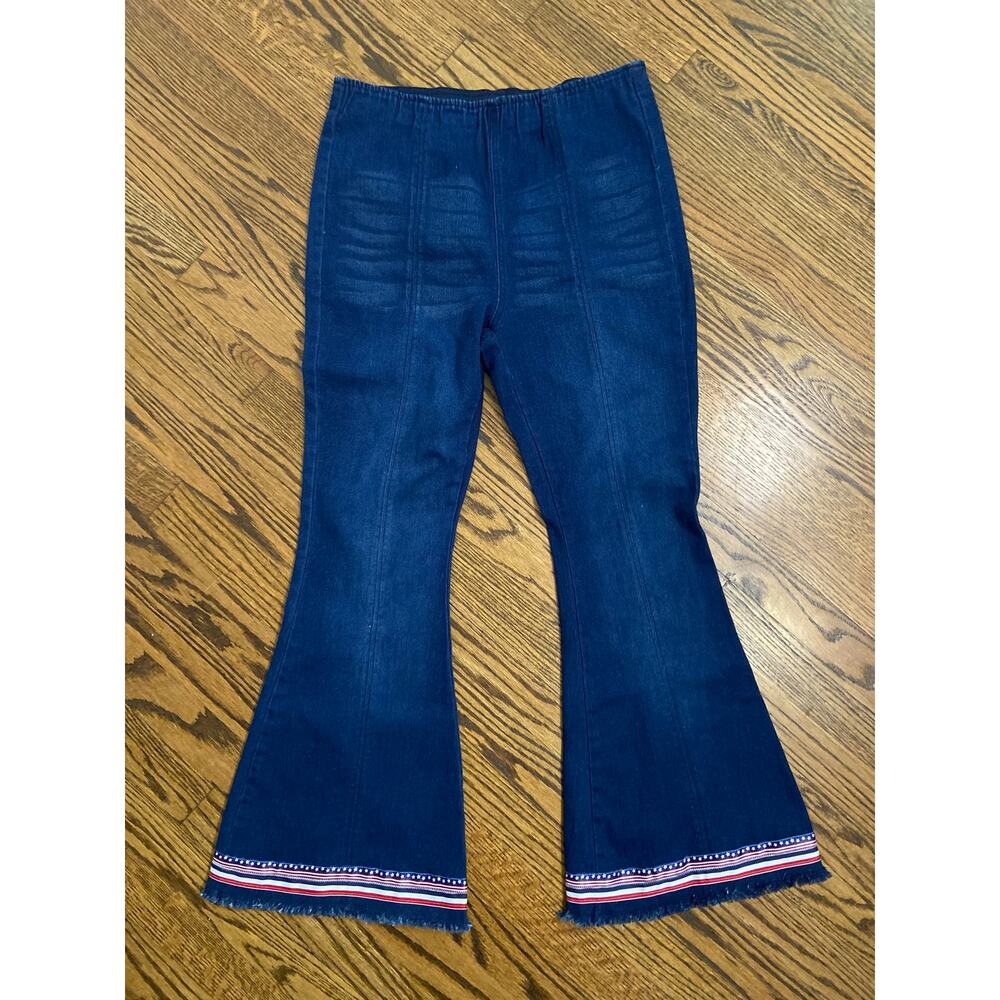 Tinseltown high rise pull on flare leg jeans w/ Patriotic stars & stripes trim